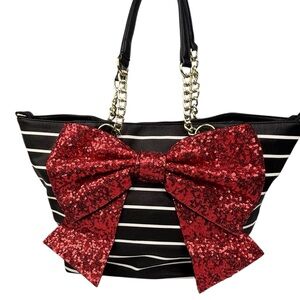 Betsey Johnson Black & White Stripe Red Sequin Glitter Bow Snap Close Tote Purse